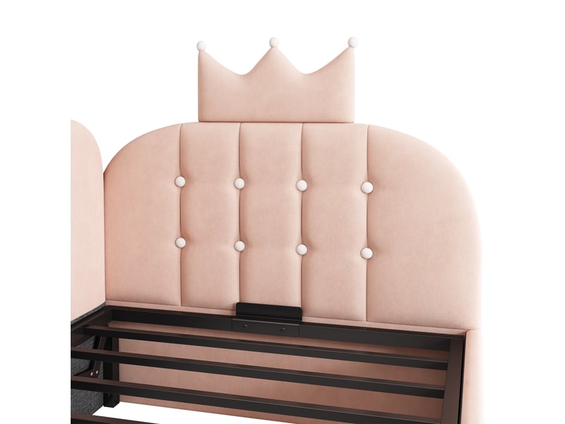  Lit banquette coffre 90 × 200 cm en velours rose, rangement hydraulique et tête en l motif couronne Fay Lum - Conforama E