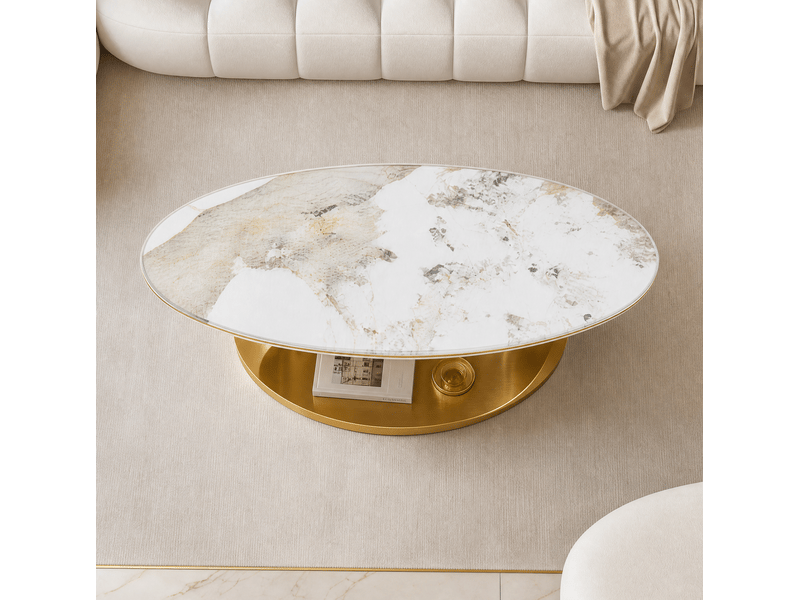  Table basse ovale 120x67x41 cm effet marbre blanc avec piètement doré  - Conforama D