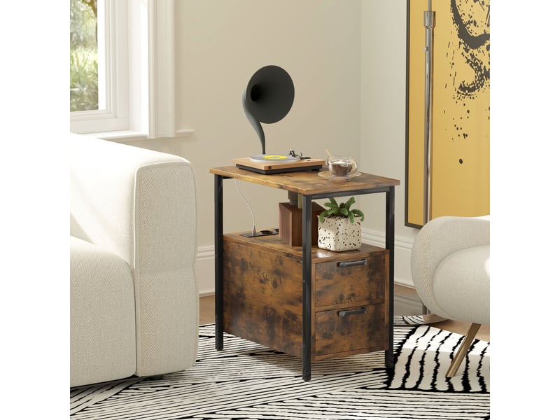 Table d'appoint 2 tiroirs, étagère ouverte et station de charge dissimulée pour chambre, marron 55 × 35 × 58,5 cm - Conforama E