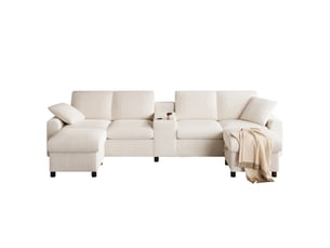 Canapé en u beige en velours côtelé avec coffre intégré, 2 poufs et table basse, 315x135x81 cm