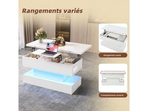 Table basse avec plateau relevable, avec led, rangement , pour bureau ou salle à manger, blanc