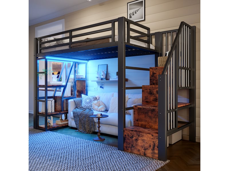  Lit mezzanine 90x200 cm coloris noir led métal lit enfant noir - Conforama D