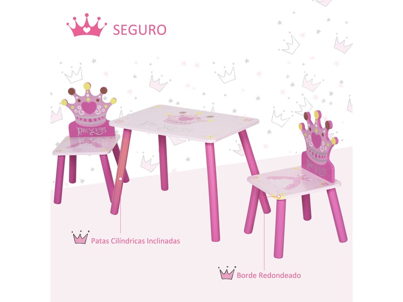  Ensemble table et 2 chaises en bois pour enfants, table 55 x 34 x 42 cm, chaises 28 x 26 x 50 cm, pour enfants de 2 à 4 ans, pour chambre, rose  - Conforama E