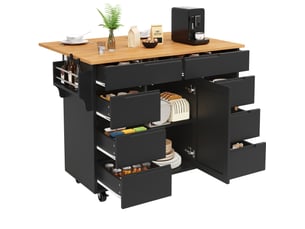 Desserte de cuisine 122 x 74,5 x 91,5 cm noire en mdf, plateau rabattable, 8 tiroirs, mobile