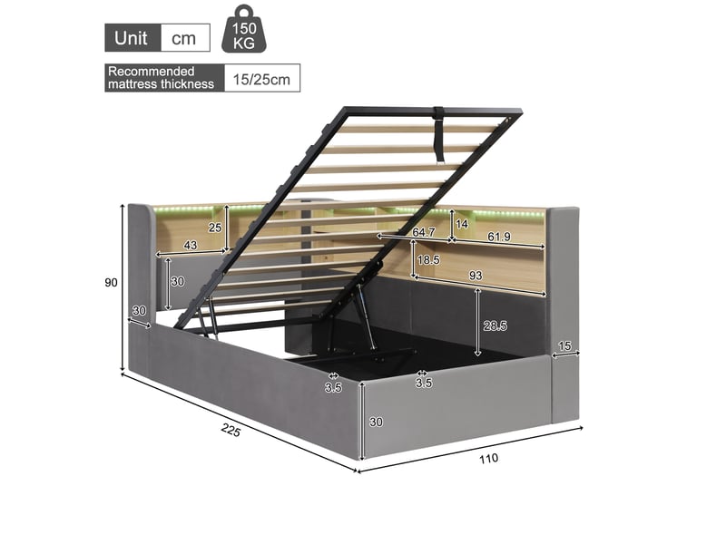  Lit enfant rangement hydraulique, led et usb en velours gris  - Conforama E