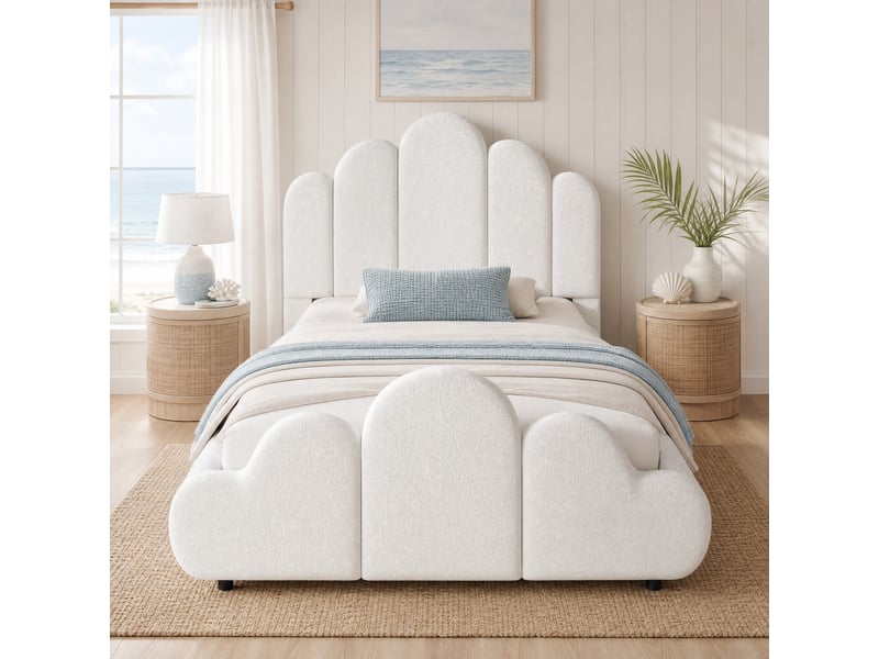  Lit enfant simple 90×200 cm, tête de lit rembourrée, coins arrondis  - sans matelas, tissu bouclette beige  - Conforama C