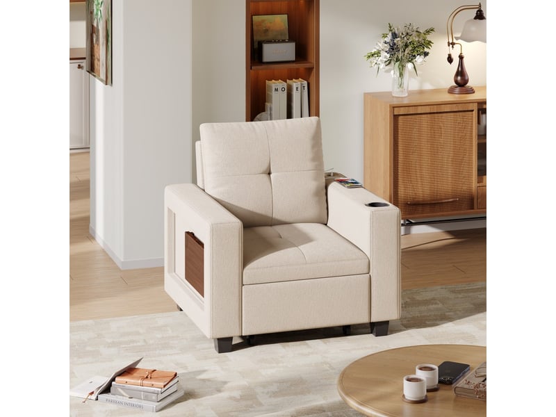  Fauteuil convertible 3 en 1 - chaise longue rabattable avec table magnétique pliable, porte-gobelet et prise - blanc crème  - Conforama C