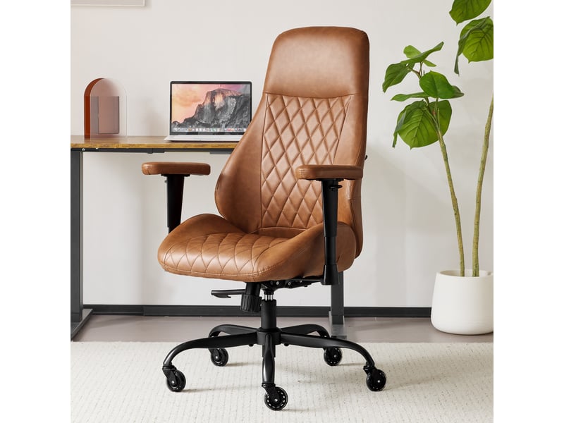  Chaise de bureau à dossier haut avec assise réglable en hauteur en similicuir marron  - Conforama B