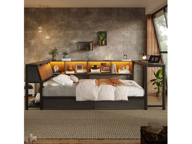 Lit combiné 90x200 cm équipé de led, de tête de lit de rangement, de tiroirs et de bureau, mdf métal noir, sans matelas - Conforama B