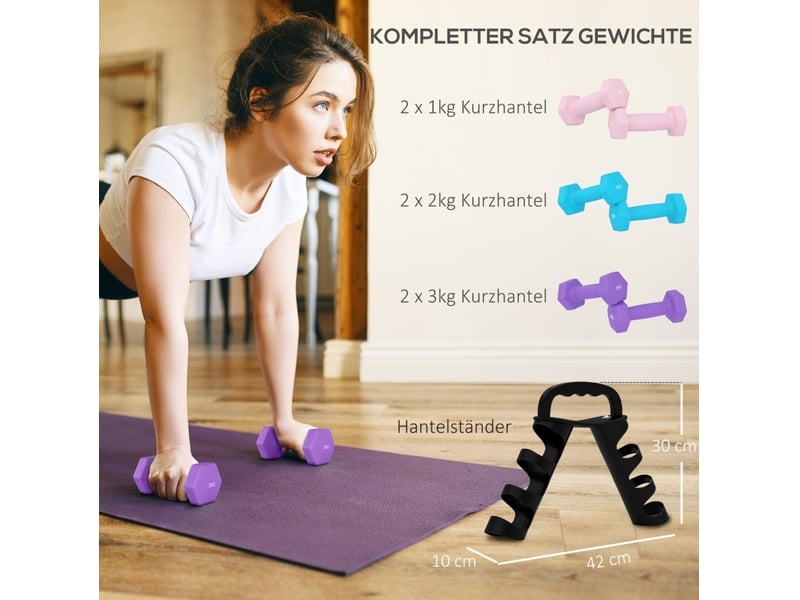  Set de 6 haltères 42x10x30 cm avec support métal rose et bleu  - Conforama E