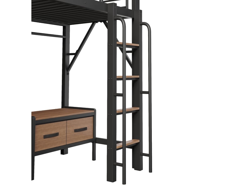  Lit mezzanine 90x200 cm noir, cadre en métal, bureau, étagères, tiroirs en tissu, led, port usb, garde-corps  - Conforama D