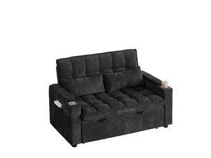 Canapé-lit convertible 3 en 1 142 cm avec assise et dossier moelleux, 2 coussins lombaires, tablette de rangement et porte-gobelets, canapé multifonction pour salon