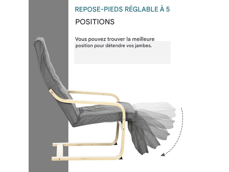 Fauteuil de relaxation repose-pieds réglable en bouleau gris 66,5 x 94 x 100 cm  - Conforama D