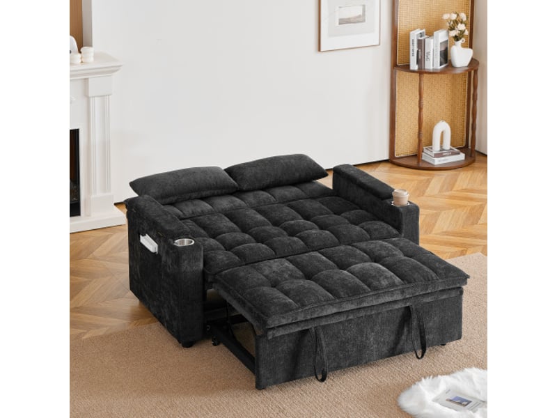  Canapé-lit 3-en-1 142 cm: couchage, coussins moelleux, 2 coussins lombaires, tablette et porte-gobelets  - Conforama B