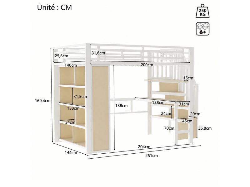 Lit mezzanine avec bureau et rangements, éclairage led, structure métal et mdf, couchage 140 x 200 cm, blanc - Conforama C