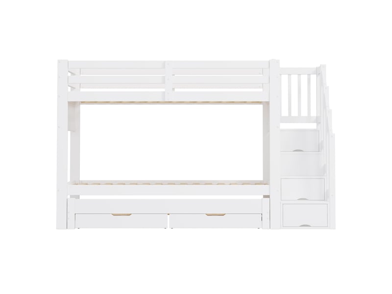  Lit superposé 90x200 cm avec lit rabattable, 2 tiroirs, escalier de rangement à plusieurs niveaux et armoire, blanc.  - Conforama D