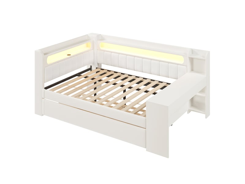  Canapé-lit rembourré 140 x 200 cm avec port usb et bande led, avec lit gigogne et bureau, tissu lin, blanc  - Conforama E