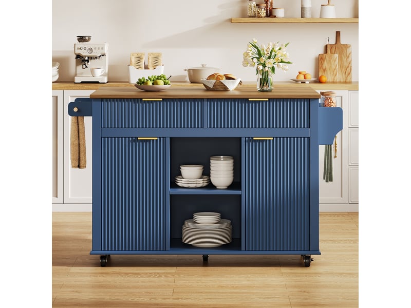 Desserte de cuisine à roulettes avec plateau rabattable, 2 tiroirs, 2 portes, étagères à épices latérales, bleu marron - Conforama E