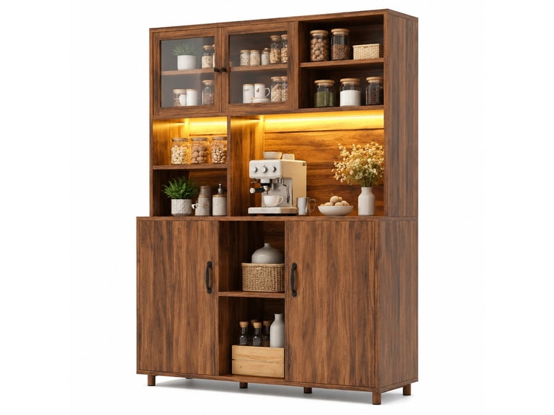  Buffet haut 140 x 40 x 185 cm noyer, mdf et verre, rangement avec led pour cuisine, salon ou salle à manger  - Conforama A