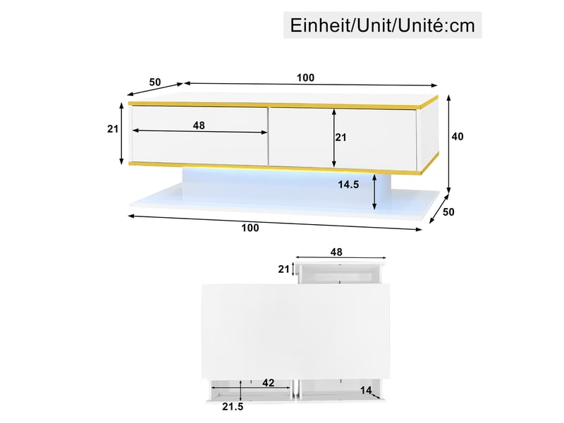 Table basse 100x50x40 cm avec éclairage led usb, 3 tiroirs et niche ouverte, panneaux de particules, blanc et doré ABC - Conforama C