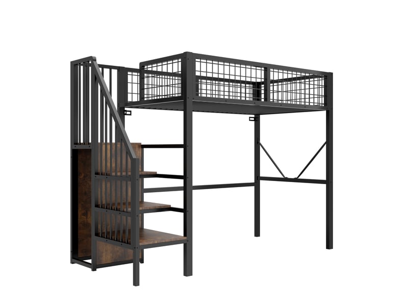 Lit mezzanine 90x200 cm en métal avec led, rangement et échelle, noir, sans matelas - Conforama R