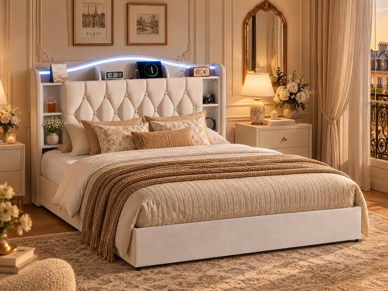  Lit coffre rembourré 160x190 cm - velours - avec éclairage led et port usb - tête de lit avec rangement  - Conforama B
