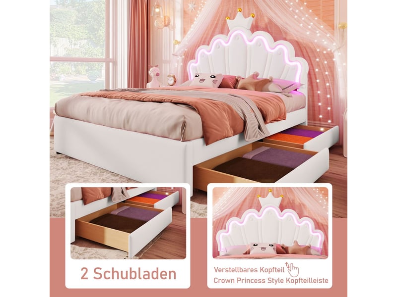  Lit capitonné 140x200cm - design couronne avec led multicolore, tête de lit réglable et 2 tiroirs de rangement - pu blanc princesse  - Conforama E