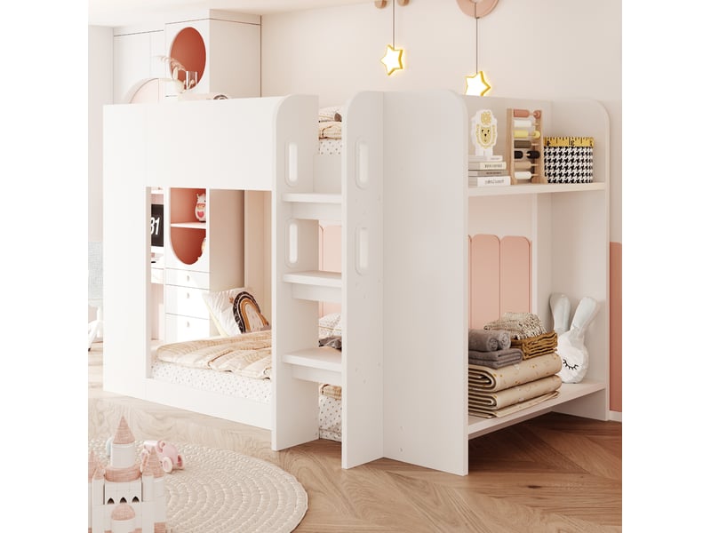 Lit superposé enfant 90x200 cm blanc avec échelle et étagères latérales - Conforama D
