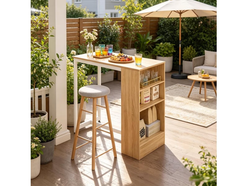  Table haute 91x49x91 cm en panneaux de particules et métal avec rangement ouvert chêne clair et blanc chicfurn  - Conforama C