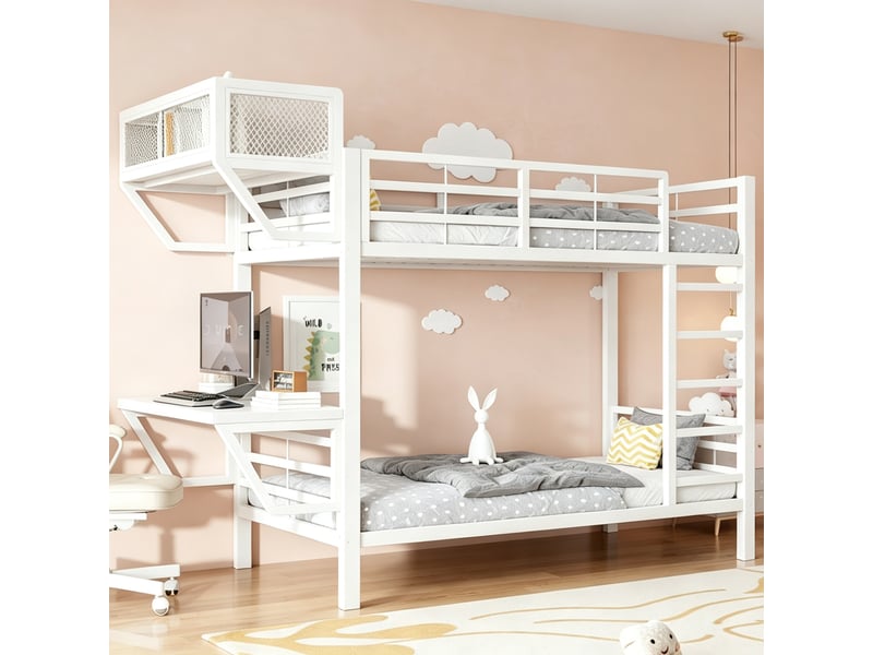 Lit superposé métal blanc 90x200 cm avec 2 couchages, bureau intégré à gauche, étagères de rangement et sommier à lattes, format gain de place - Conforama C
