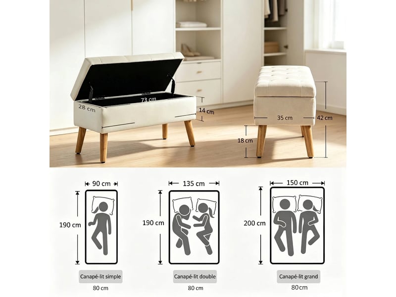  Banc de rangement en velours crème 80 cm avec coffre, pieds en bois, charge 120 kg  - Conforama C