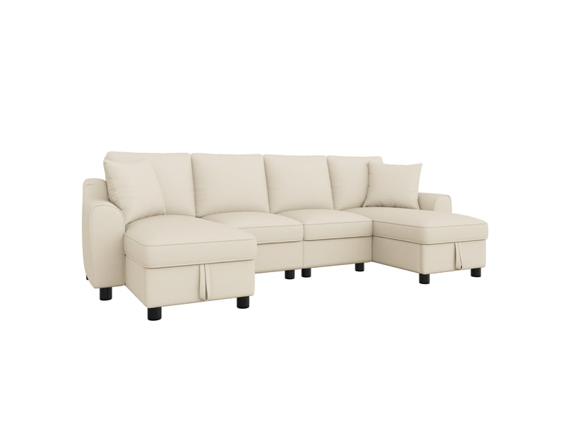  Canapé panoramique 2 places beige en chenille, 280 × 137 × 84 cm, avec rangement et 2 coussins, pour salon  - Conforama A