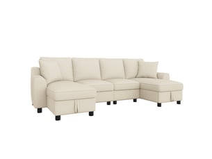 Canapé panoramique 2 places beige en chenille, 280 × 137 × 84 cm, avec rangement et 2 coussins, pour salon