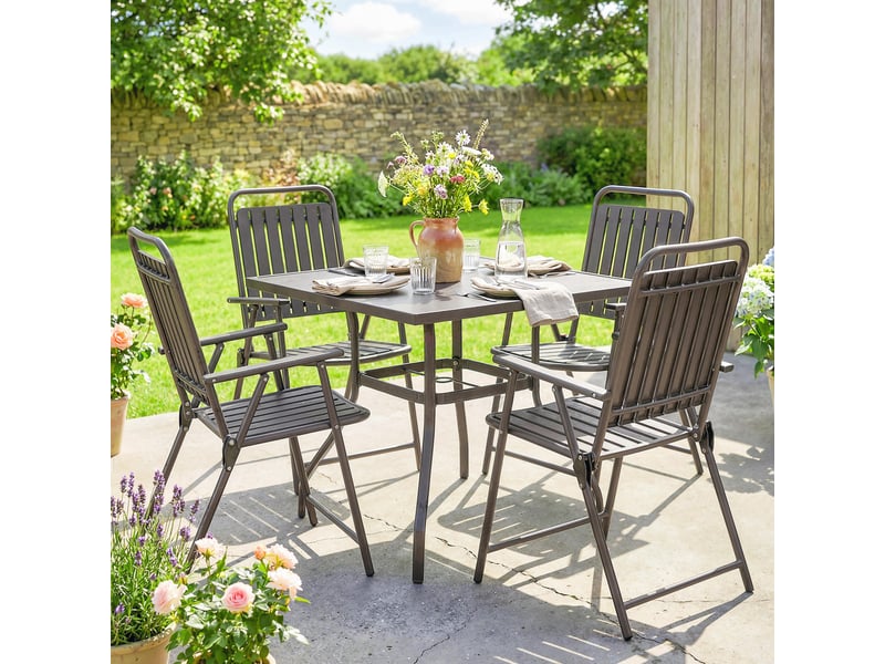  Ensemble de 4 chaises de jardin pliantes avec accoudoirs, dossier et assise, structure en métal, 55 x 63 x 93 cm, marron  - Conforama C