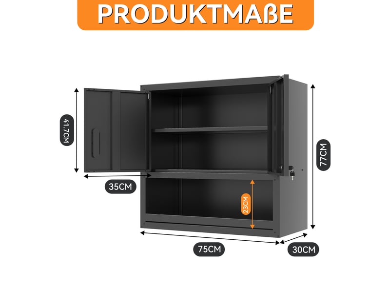  Armoire à outils murale 75 x 30 x 77 cm noire en métal, 2 portes verrouillables et rangement ouvert  - Conforama C