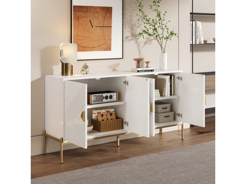  Buffet moderne, quatre portes, armoire, meuble de rangement, meuble à tiroirs, adapté au salonsalle à mangerentrée, blanc  - Conforama D