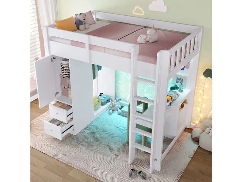 Lit en hauteur, 90x200 cm, avec bureau intégré, armoire ouverte, led et usb, matelas non inclus, bois, coloris blanc - Conforama D