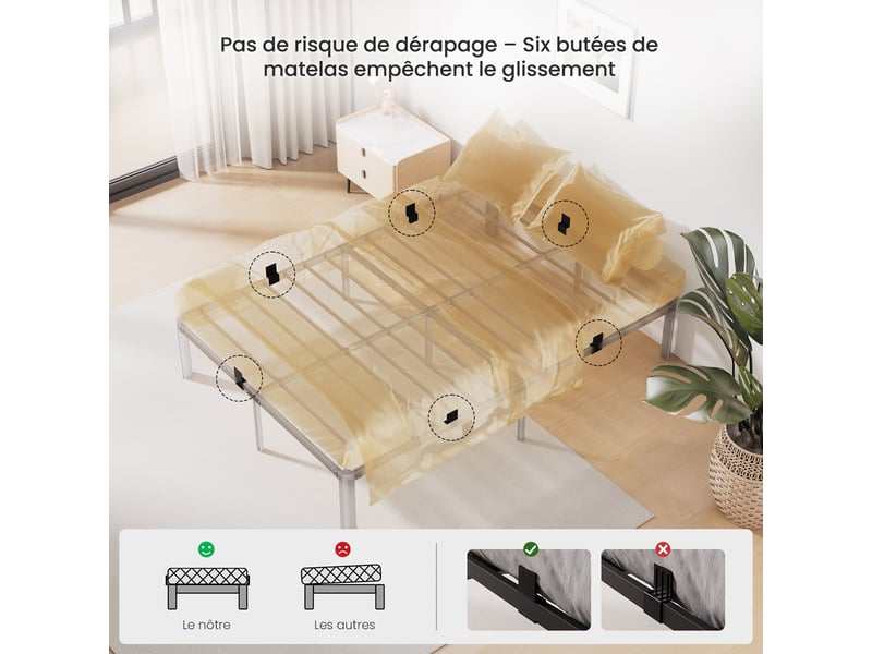  Cadre de lit 160x200 cm métallique avec sommier à lattes, lit double, structure renforcée et résistante aux rayures, grand espace de rangement, design minimaliste, montage facile, noir  - Conforama D