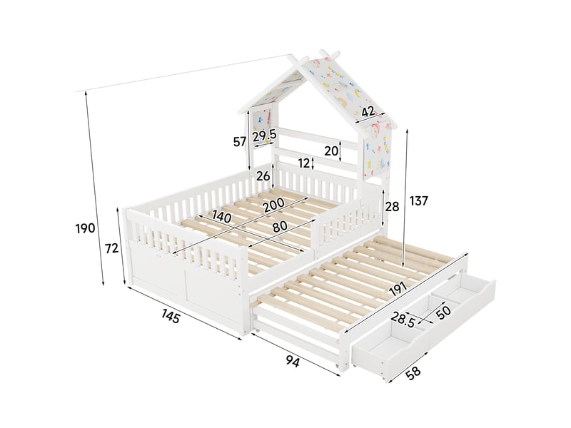  Lit cabane enfant, lit gigogne double 140x200 cm avec 3 tiroirs de rangement et barrières de sécurité, style montessori, blanc  - Conforama E