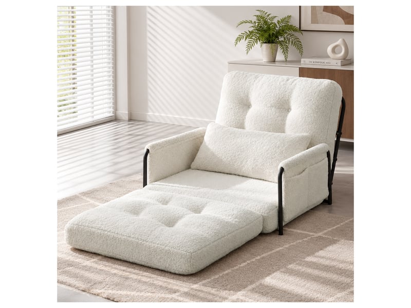  Fauteuil convertible 3 en 1, canapé-lit pliant avec dossier réglable, accoudoirs, coussin et poches de rangement, tissu bouclette - beige  - Conforama C