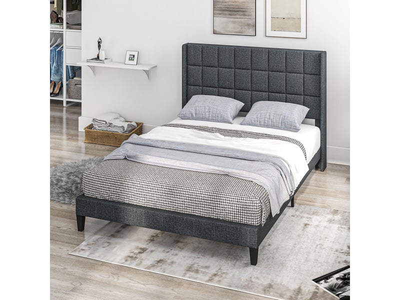  Lit 2 places rembourré 135x190 cm gris, tête de lit capitonnée et rangement sous le lit  - Conforama W