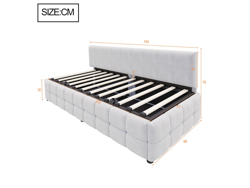  Lit coffre enfant 90x200 cm canapé-lit avec rangement, velours, gris clair, sans matelas  - Conforama C
