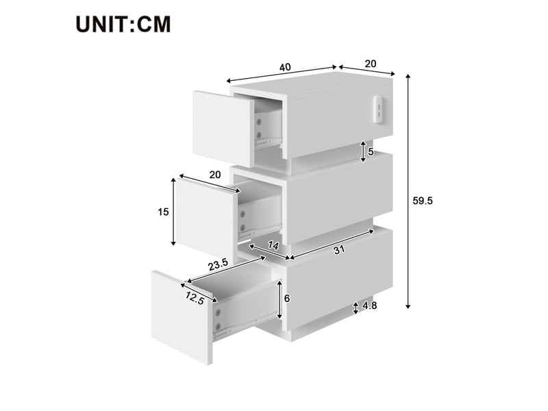 Lot de 2 tables de chevet blanches étroites avec led, usb et type-c, 3 tiroirs, 20 x 40 x 59,5 cm pour chambre  - Conforama C
