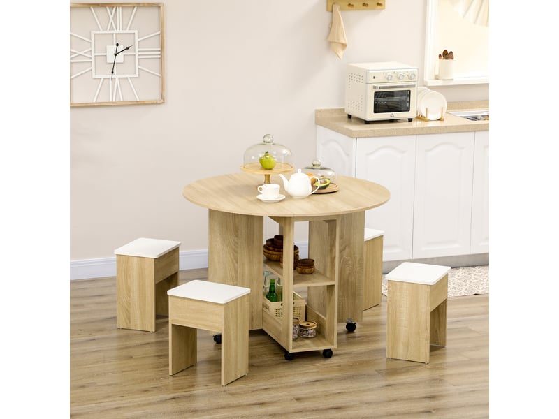  Ensemble table et chaises 5 pièces en panneaux de particules, table ronde avec 2 étagères ouvertes et 4 tabourets modernes  - Conforama C