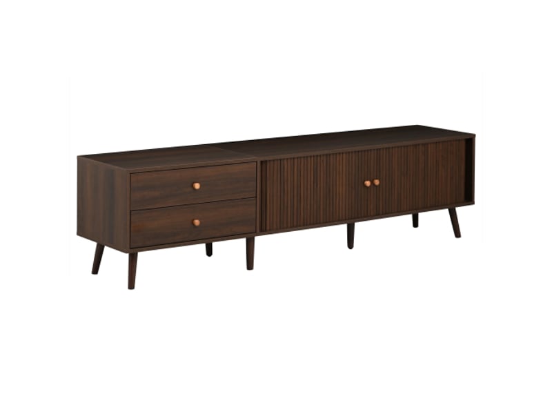 Meuble tv noyer 180x40x46,5 cm – 2 tiroirs, 2 portes coulissantes, 7 pieds, tv jusqu’à 80 pouces - Conforama A