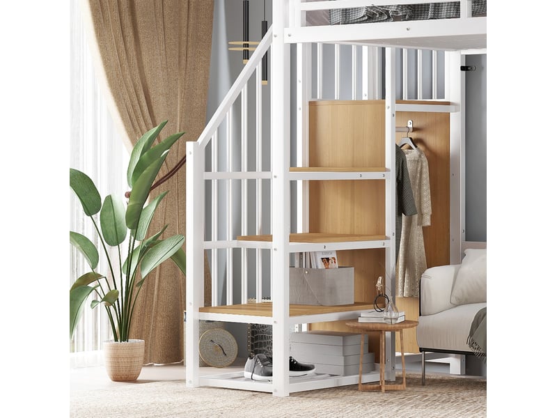 Lit mezzanine 90x200 armoire tringle meuble 4 niveaux roulant garde-corps sommier métal mdf blanc naturel sans matelas - Conforama R