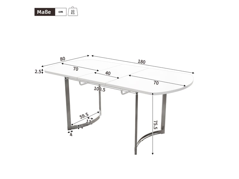 Table à manger extensible 140-180x80x75.5 cm en mdf blanc avec pieds métalliques argentés - Conforama C