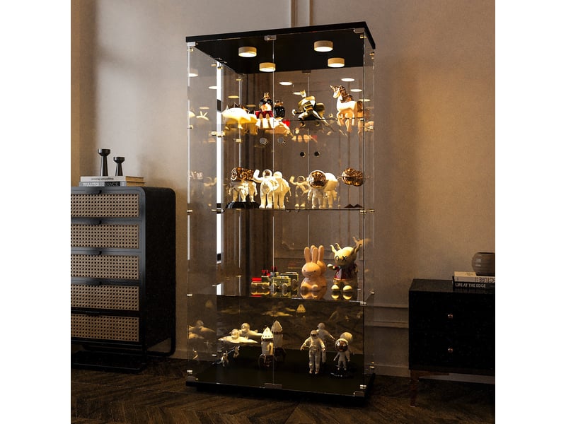  Vitrine d'exposition - 80.5x36.5x164cm - cabinet 4 niveaux avec led et miroir, double porte verrouillable - noir  - Conforama D