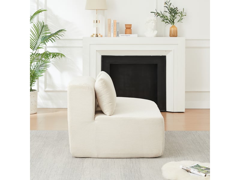  Canapé d'angle modulable avec méridienne incurvée, accoudoirs arrondis et 3 coussins en velours côtelé beige  - Conforama C