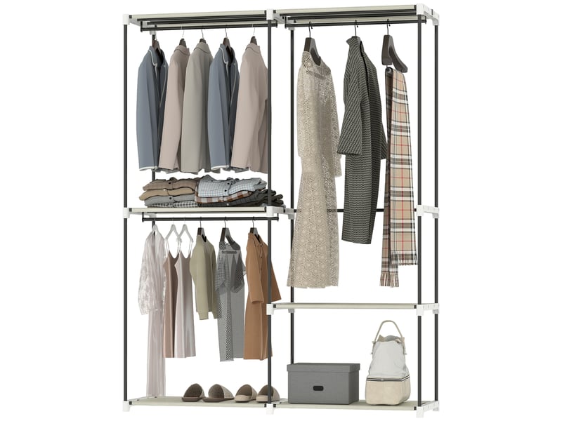  Armoire ouverte avec 4 étagères en tissu, 3 tringles à vêtements, structure métallique, 142 x 43 x 185 cm, crème  - Conforama B